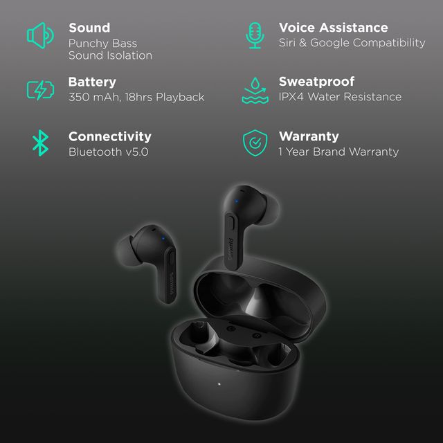 Buy Philips TAT2206BK/00 TWS Earbuds with Noise Isolation (IPX4 Sweat ...